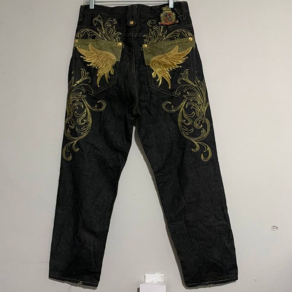 Game Time Black Denim Jeans Gold Embroidery Wings Studs Y2K Hip Hop 36x32